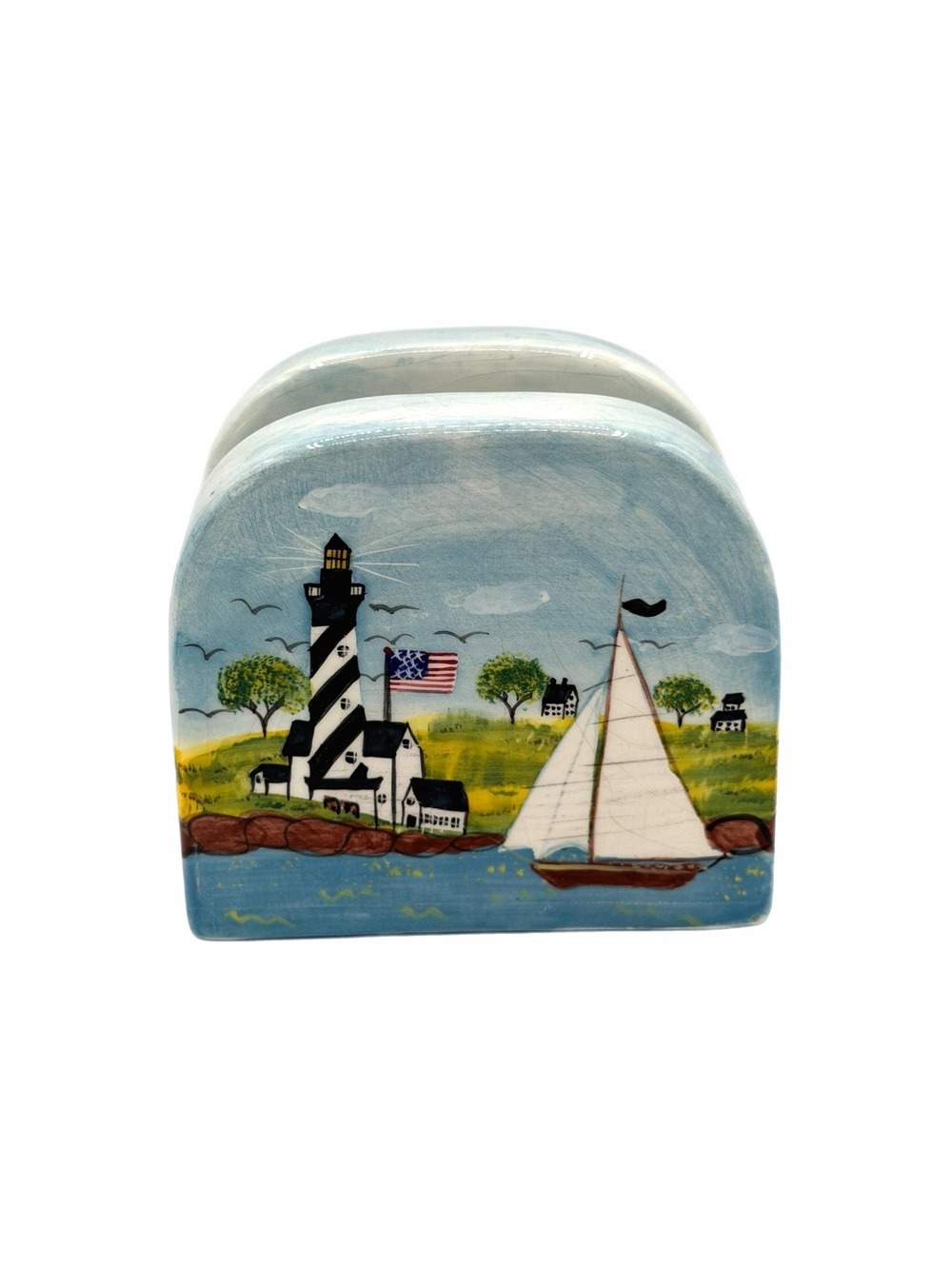 Casa Vero By ACK Handpainted Lighthouse Sailboat Scene Ceramic Napkin Holder